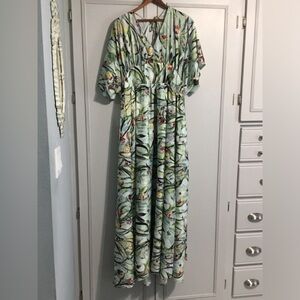 ADOR Empire Waist Floral Maxi Dress XL Tie Back Low V Neck